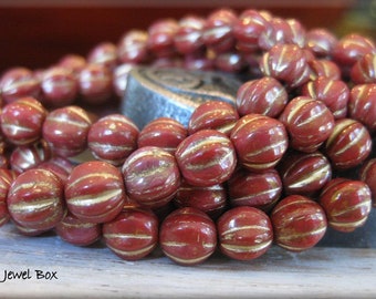 6mm Czech Glass Melon Bead - Opaque Rusty Red with Golden Wash, 25 Beads