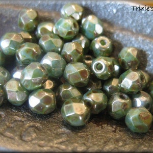 4mm Czech Glass Fire Polished Beads - Dark Army Green with Bronze Luster, 50 Beads