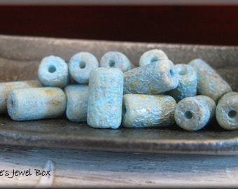 9mm x 5mm Czech GlassTube Bead - ETCHED Light Beige Picasso with Sky Blue Turquoise Wash, 16 Beads