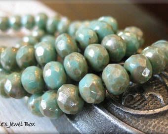 7mm x 5mm Czech Glass Rondelles - Blue Turquoise with Picasso Luster Finish, 25 Beads