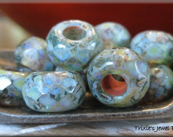 NEW Size!!! 8mm x 12mm Czech Glass Big-Hole Rondelles - Transparent Green with Heavy Picasso Finish, 5 Beads