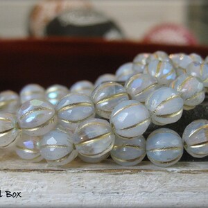 NEW 8mm FACETED Czech Glass Melon Bead White Opal and Clear Glass Marbled with AB Luster and Golden Wash, 20 Beads image 5