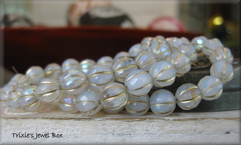 NEW 8mm FACETED Czech Glass Melon Bead White Opal and Clear Glass Marbled with AB Luster and Golden Wash, 20 Beads image 5