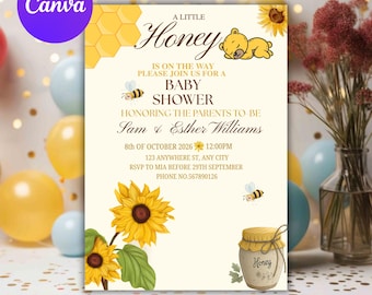 Little Honey Babypartyeinladung, Sonnenblumenbienenthema, bearbeitbare Canva-Vorlage (digitaler Download)