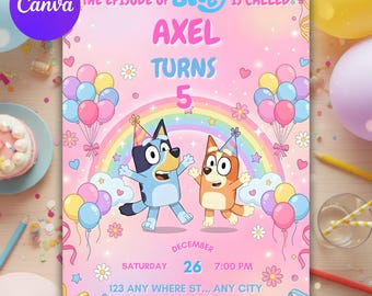 Bluey Regenbogen-Geburtstagseinladung, Pastell-Ballon-Party einladen Vorlage, bearbeitbare Kinder Geburtstag Canva Download