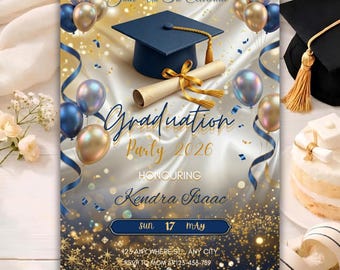 Abitur Einladungs Vorlage 2026, Navy Gold Ballons, Elegante Canva Download