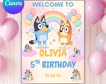 Bluey Geburtstag Willkommensschild, Regenbogen-Party-Poster, bearbeitbare Canva-Vorlage (16x20)