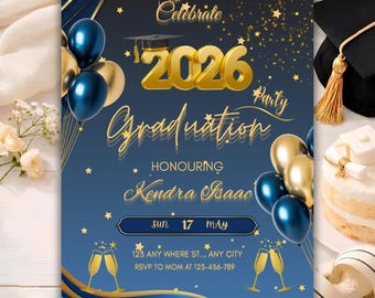 Marine Gold Graduierung Einladung Vorlage 2026, Elegante Party Leinwand (Digitaler Download)