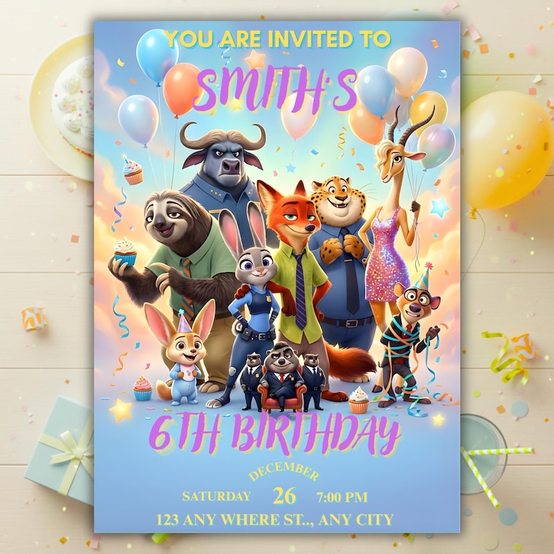 May include: A light blue birthday invitation featuring characters from Zootopia, with the text "YOU ARE INVITED TO SMITH'S 6TH BIRTHDAY". The invitation includes balloons, cupcakes, and event details.