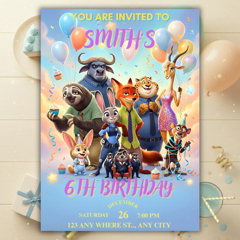 May include: A birthday party invitation featuring characters from a popular animated movie. The invitation has a light blue background with colorful balloons, confetti, and the text "YOU ARE INVITED TO SMITH'S 6TH BIRTHDAY". The date and time are also included.