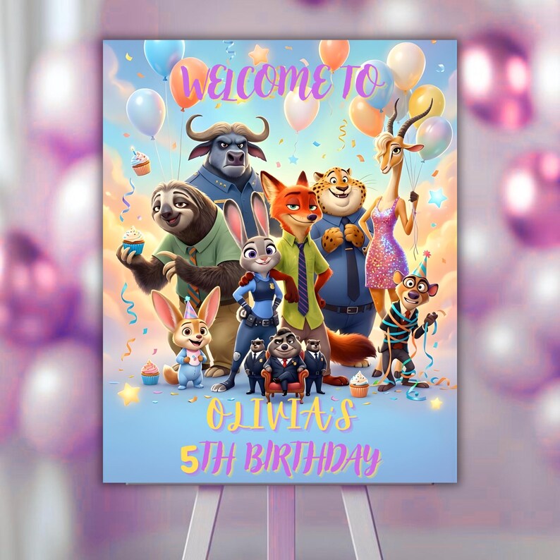 May include: A colorful birthday party sign featuring characters from a popular animated movie. The sign reads "Welcome To" at the top and "Olivia's 5th Birthday" at the bottom. Balloons and cupcakes are scattered throughout the design.