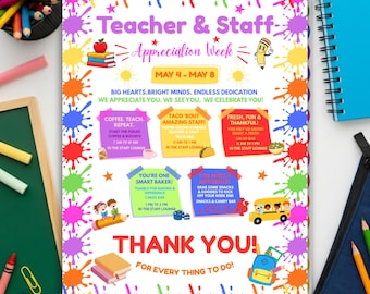 Lehrer- und Mitarbeiterschätzungswoche Flyer-Vorlage, bearbeitbares Schulveranstaltungsplanplakat, PTO PTA Danke Canva-Vorlage