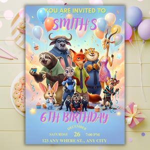 May include: A birthday party invitation featuring characters from a popular animated movie. The invitation has a light blue background with colorful balloons and the text "You are invited to Smith's 6th Birthday". The date and time are also included.