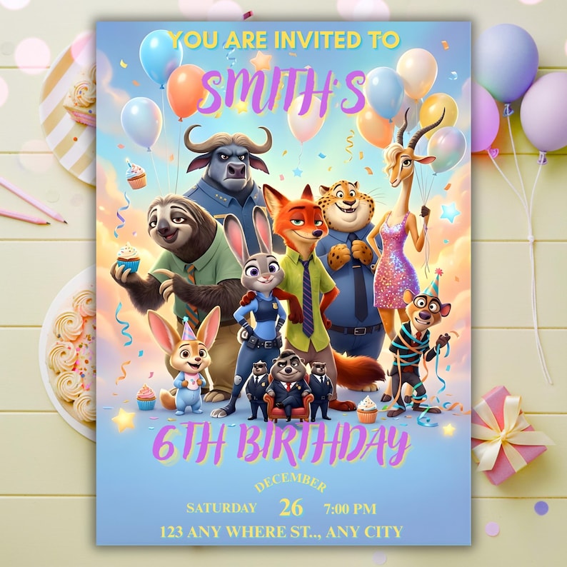 May include: A birthday party invitation featuring characters from a popular animated movie. The invitation has a light blue background with colorful balloons and the text "You are invited to Smith's 6th Birthday". The date and time are also included.