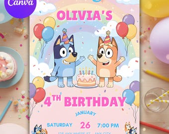 Bluey Regenbogen-Geburtstagseinladung, bearbeitbare Bluey Party-Einladungsvorlage, Kinderballon-Geburtstags-Canva-Download