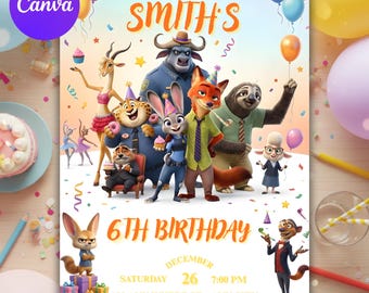 Zootopia Geburtstagseinladungsvorlage, Tierabenteuerparty einladen, bearbeitbarer Kindergeburtstag Canva digitaler Download