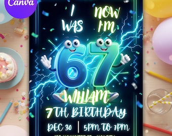 Ich war 6, jetzt bin ich 7 Geburtstagseinladung, Neon Glow Kids Party einladen, bearbeitbarer 5 x 7 digitaler Download