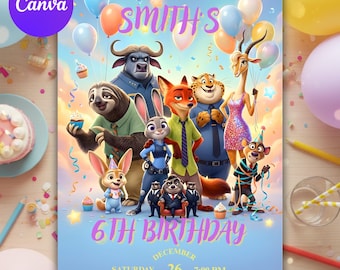 Zootopia Geburtstagseinladungsvorlage, bearbeitbare Tierpolizist-Party einladen, Kindergeburtstag Canva Digitaler Download