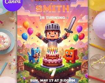 Minecraft Geburtstagseinladung, Level Up Party einladen, Minecraft Gaming Geburtstag, Kinder bearbeitbare Canva Vorlage