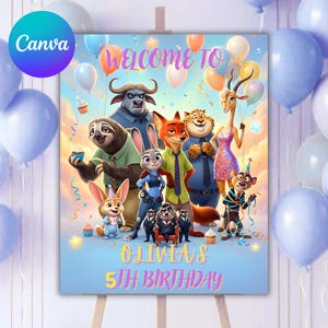 May include: A light blue birthday party sign featuring characters from the movie Zootopia. The sign says "Welcome to Olivia's 5th Birthday" with colorful balloons and confetti. The Canva logo is in the upper left corner.
