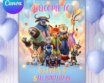 Zootopia Geburtstag Willkommensschild, Tierabenteuer Party Poster, bearbeitbares Kindergeburtstag-Canva-Schild