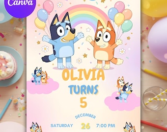 Bluey Regenbogen-Geburtstagseinladung, Pastell-Kindergeburtstagskarte, bearbeitbare Canva-Vorlage
