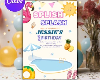 Splish Splash Erste Geburtstagseinladung, Pool-Party 1. Geburtstag einladen, Sommer-Baby-Mädchen bearbeitbare Canva-Vorlage