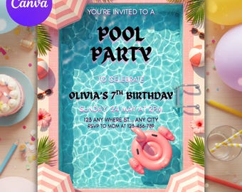 Rosa Coquette Pool-Party Einladung, Sommer-Geburtstags-Ladung, niedliche Schleife Swim Party Vorlage, bearbeitbare Geburtstagskarte