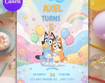 Bluey Geburtstagseinladung Vorlage, Pastell Regenbogen Party einladen (Digitaler Download)