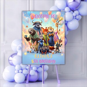 May include: A light blue welcome sign for Olivia's 5th birthday, featuring cartoon characters and balloons. The sign is displayed on a purple easel, with additional purple and white balloons in the background.