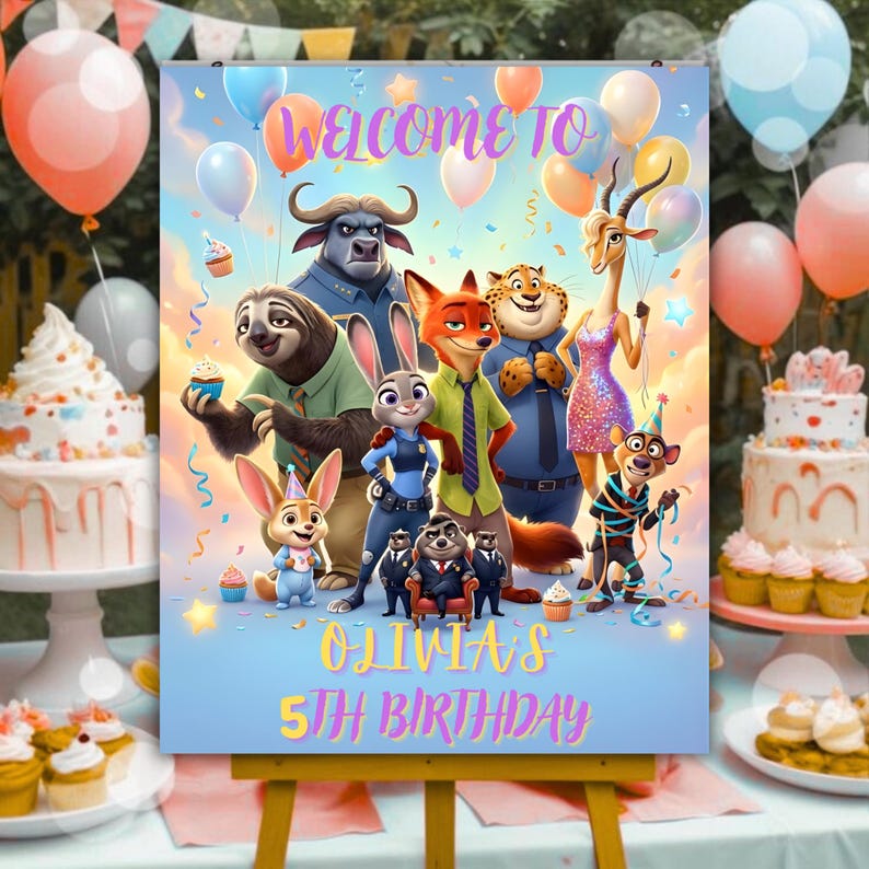 May include: A colorful birthday party sign featuring characters from Zootopia, with the text "Welcome to Olivia's 5th Birthday." Balloons and cupcakes decorate the scene, creating a festive atmosphere.