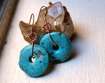 Genuine Turquoise Earrings - Wire Wrapped Turquoise Earrings - Rose Gold Turquoise Earrings -  Rose Gold Fill Turquoise Earrings - Donut