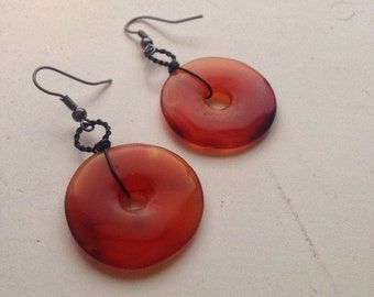 Carnelian Donut Earrings - Black and Orange Gothic Steampunk Jewelry - Sacral Chakra Healing Crystal