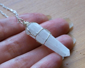 Selenite Point Necklace - Gold, Rose Gold, or Silver Wire Wrapped Necklace - Rose Gold-fill Necklace -  Selenite Crystal Jewelry Pendant