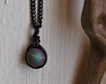 Rainbow Necklace Men, Aura Quartz Necklace for Woman, Mens Galaxy Necklace, Titanium Aura Quartz Necklace, Small Crystal Necklace Gift