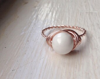 Mother of Pearl Ring - Band Stacking Ring - Wire Wrapped Ring - Pink Crystal Ring - Gift For Goddess - Mermaid Jewelry Gifts - Pearl Ring