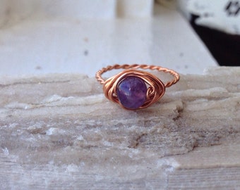 Stacking Amethyst Wirewrapped Ring with Natural Copper - Any Size - Crystal Healing Spiritual Jewelry - Wedding Band