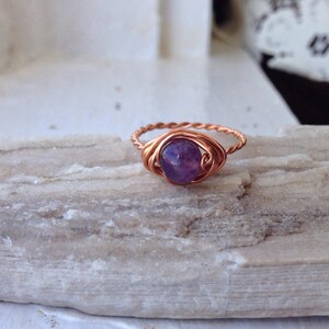 Stacking Amethyst Wirewrapped Ring with Natural Copper - Any Size - Crystal Healing Spiritual Jewelry - Wedding Band