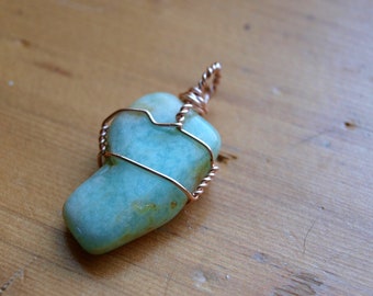 Amazonite (Raw) Pendant Wire Wrapped in Rose Copper. Healing Crystal Necklace, Raw Amazonite Jewelry, Crystal Gift