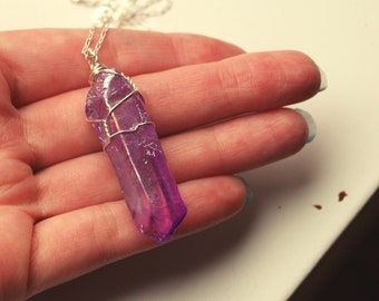 Purple Aura Quartz Necklace, Silver Aura Quartz Necklace, Aura Quartz Pendant, Silver Quartz Crystal, Aura Crystal Gift for Her for Him