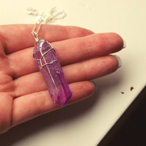 Purple Aura Quartz Necklace, Silver Aura Quartz Necklace, Aura Quartz Pendant, Silver Quartz Crystal, Aura Crystal Gift for Her for Him image 1