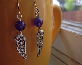 Amethyst Earrings Dangle - Amethyst Earrings Drop - Amethyst Earrings Silver - Amethyst Earrings Wedding - Wing Earrings Silver Gift