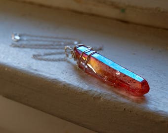 Tangerine Aura Quartz Necklace - Raw Aura Quartz Necklace - Orange Aura Quartz Necklace - Silver Quartz Crystal, Tangerine Aura Crystal Gift