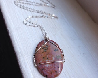 Ocean Jasper Necklace - Simple Wire Wrap Pendant - Large Oval Pendant - Pink Oval Pendant - Pink Statement Necklace Silver - Pink Jasper