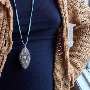 Driftwood and Embedded Pearl Long Necklace - Vegan Blue Faux Leather Chain - Mermaid, Birds Nest, Eye  - Organic, Ecofriendly