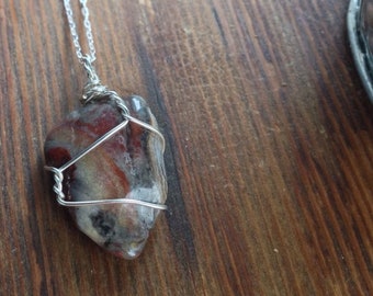 Silver Crazy Lace Agate Necklace -  Silver Wire Wrapped Agate Necklace - Silver Red Agate Necklace - Small Agate Necklace - Agate Pendant