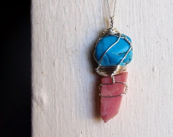 Large Turquoise Pendant Necklace - Raw Rhodochrosite - Pink Rhodochrosite Pendant Necklace - Genuine Turquoise Womans Jewelry for Her