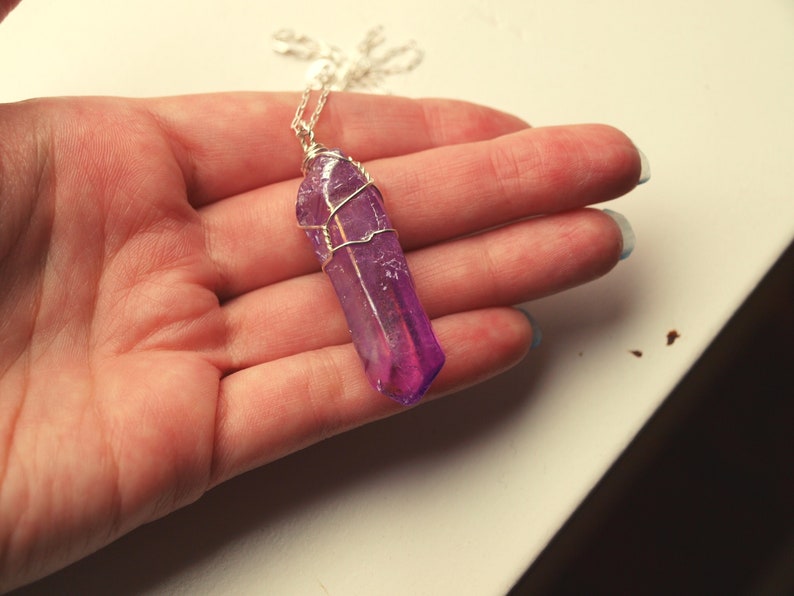 Purple Aura Quartz Necklace, Silver Aura Quartz Necklace, Aura Quartz Pendant, Silver Quartz Crystal, Aura Crystal Gift for Her for Him image 1