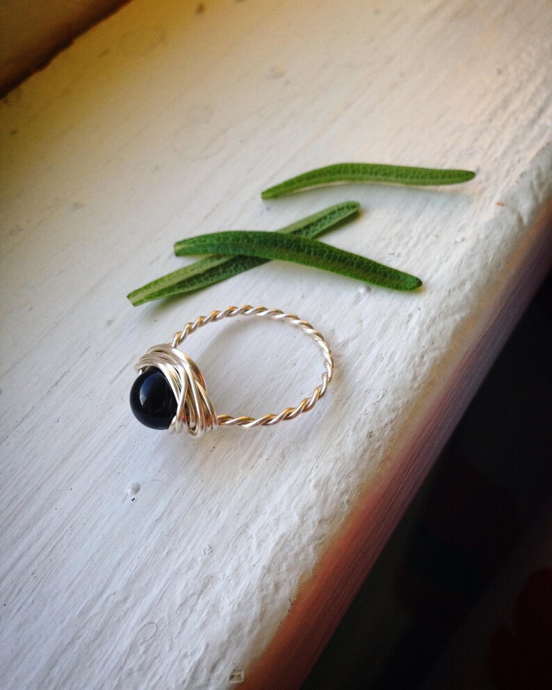 Black Tourmaline Wirewrapped Ring with Silver Copper Any Size Crystal Healing Spiritual Jewelry Passion, Creativity, Crystal Band Ring image 1