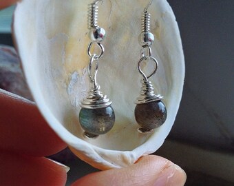 Labradorite Ball Wirewrapped Earrings - Sustainable Sterling Silver Wire and Silver-Plated Hypoallerginic Hooks - Wedding, Gift, Anniversary